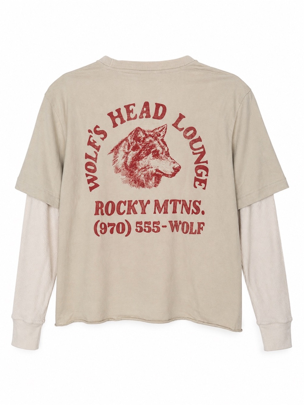 Hollister Beige Layered Long-Sleeve Tee with Red Wolf Graphic